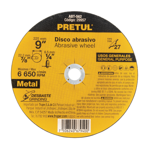 [7506240679400] LAME GRINDER METAL 9" PRETUL 29957